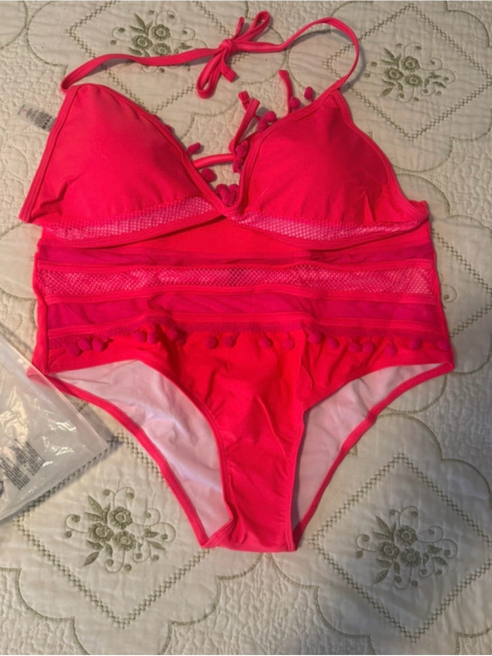 Hot Pink Women’s One-Piece Bikini with Pom Trim